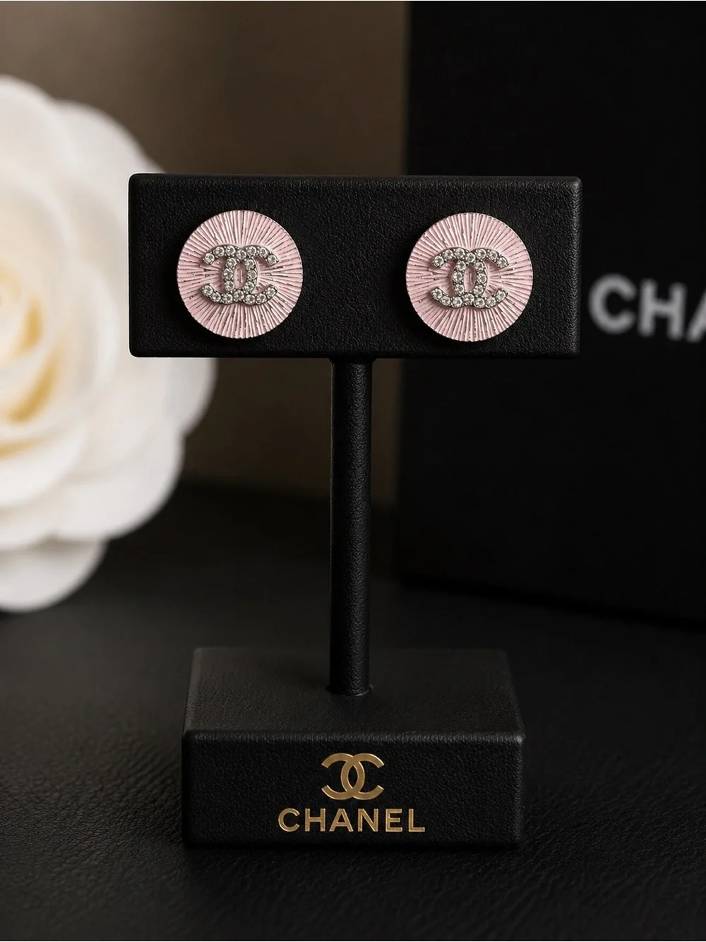 Chanel Pink Crystal CC Round Stud Earrings